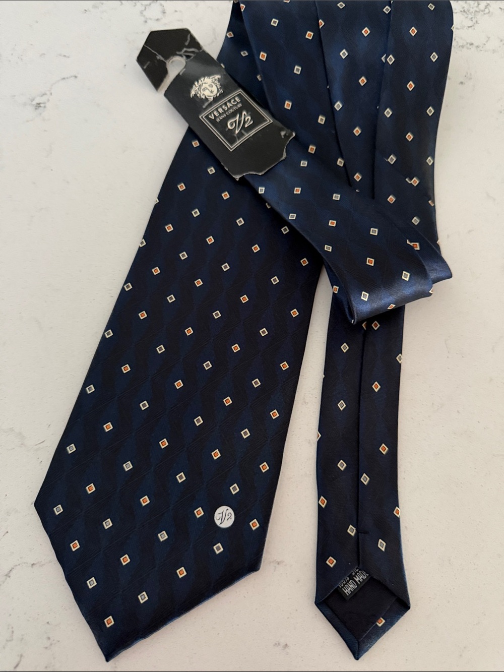 Versace Navy Silk Tie with Small Geometric Motif